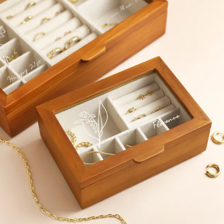 Mason Claye Personalised Birth Flower Glass Top Wooden Jewellery Box
