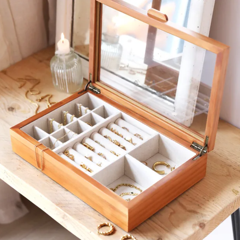 Mason Claye Personalised Birth Flower Glass Top Wooden Jewellery Box