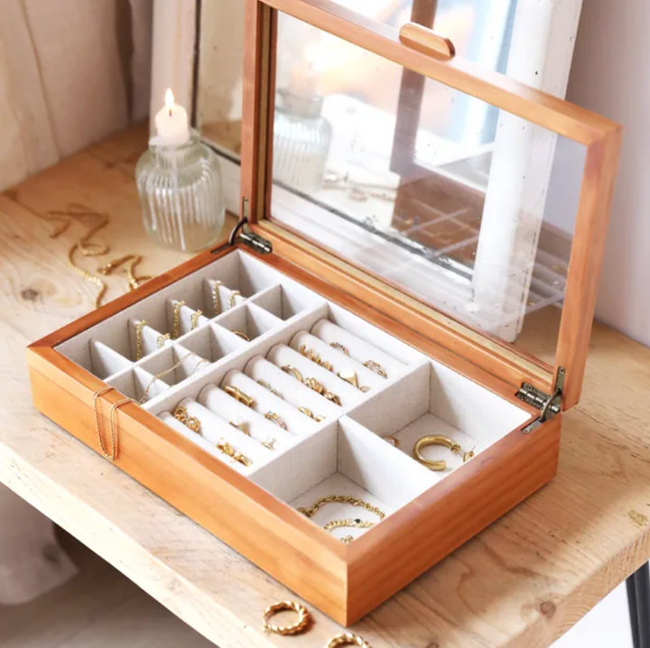 Mason Claye Personalised Birth Flower Glass Top Wooden Jewellery Box