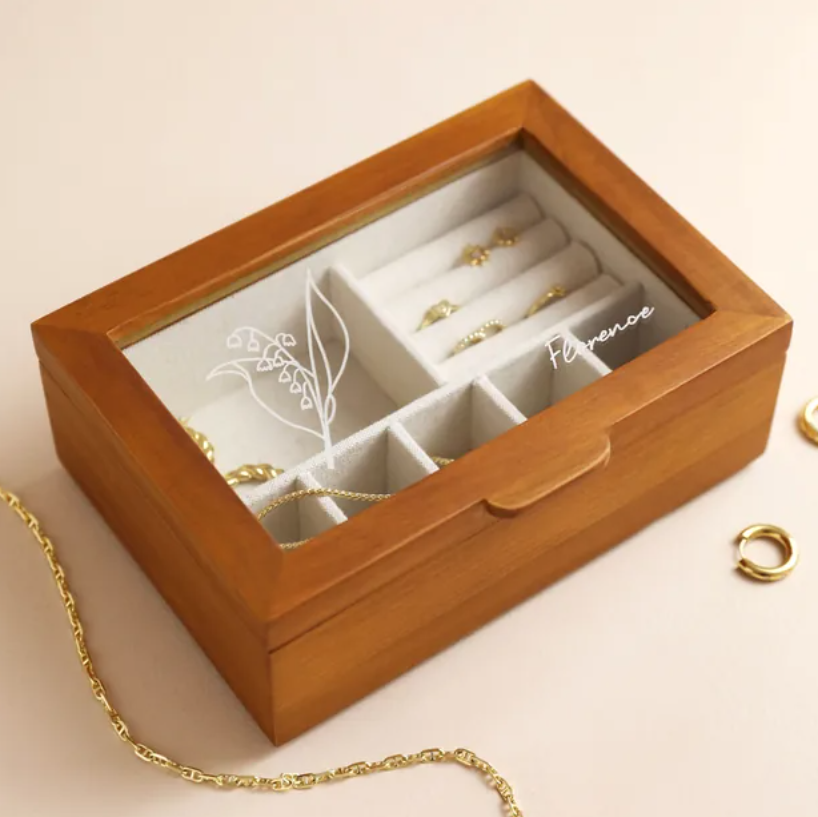Mason Claye Personalised Birth Flower Glass Top Wooden Jewellery Box