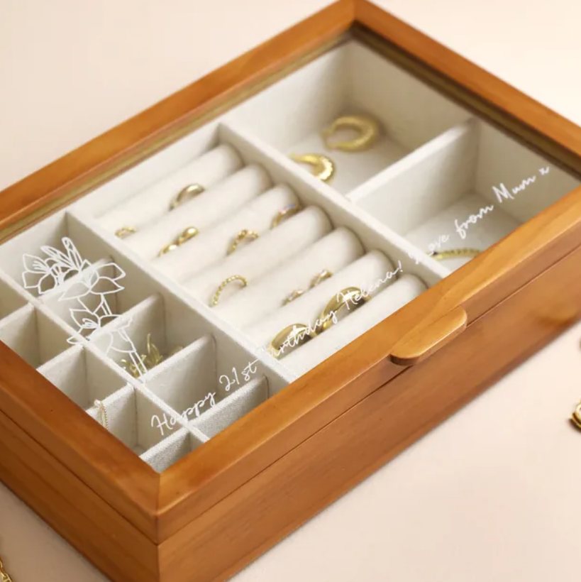 Mason Claye Personalised Birth Flower Glass Top Wooden Jewellery Box
