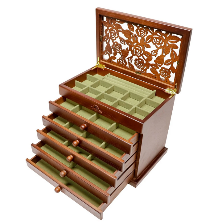 Mason Claye 6 Layer Wooden Jewelry Box Organizer with Rose Leaf Pattern