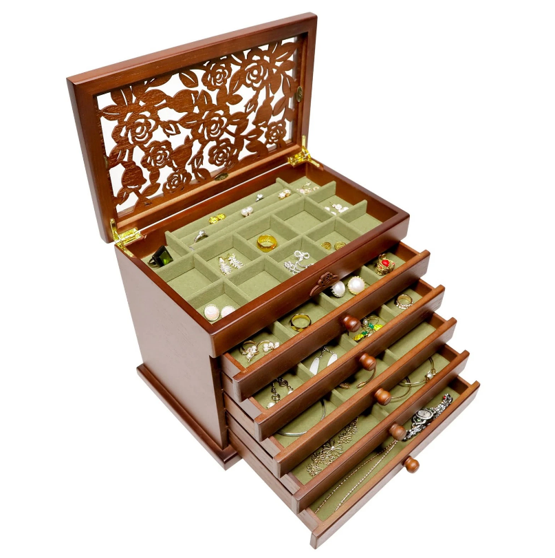 Mason Claye 6 Layer Wooden Jewelry Box Organizer with Rose Leaf Pattern