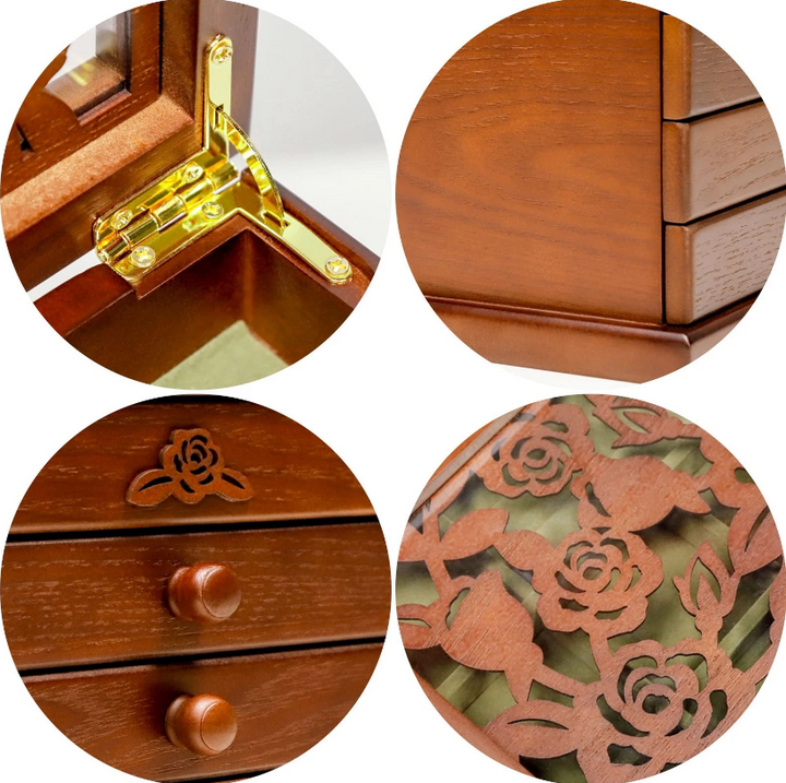 Mason Claye 6 Layer Wooden Jewelry Box Organizer with Rose Leaf Pattern