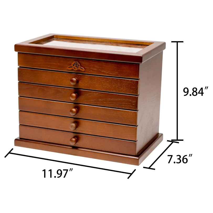 Mason Claye 6 Layer Wooden Jewelry Box Organizer with Rose Leaf Pattern