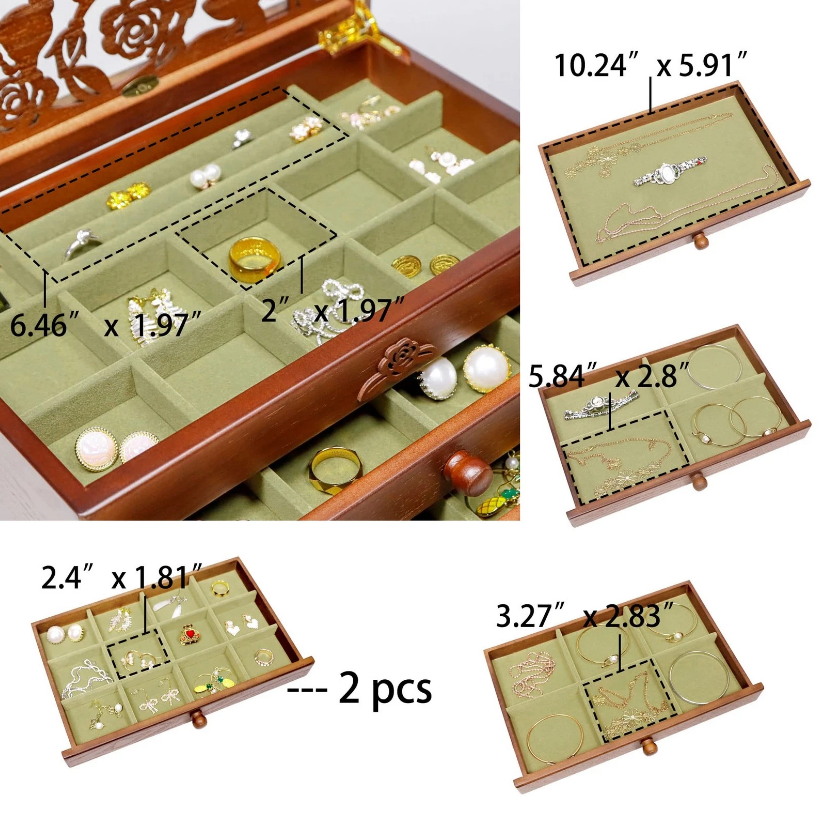 Mason Claye 6 Layer Wooden Jewelry Box Organizer with Rose Leaf Pattern