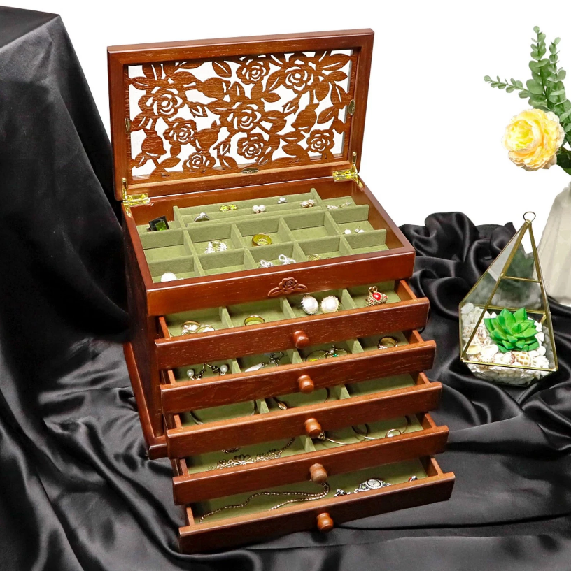 Mason Claye 6 Layer Wooden Jewelry Box Organizer with Rose Leaf Pattern