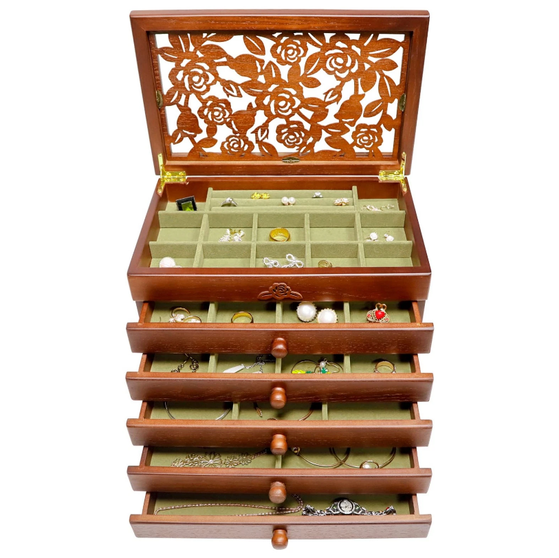 Mason Claye 6 Layer Wooden Jewelry Box Organizer with Rose Leaf Pattern