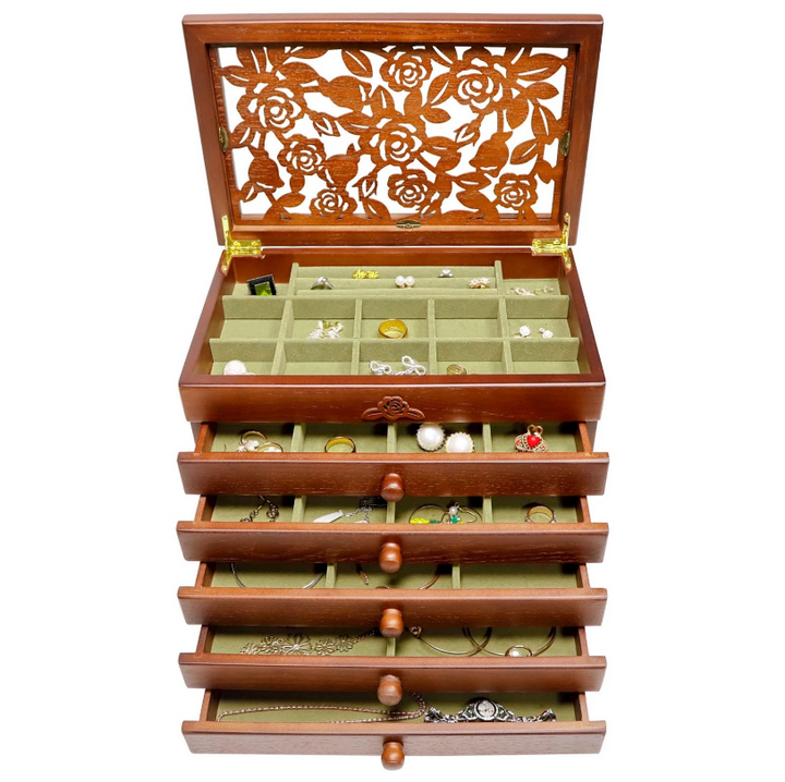 Mason Claye 6 Layer Wooden Jewelry Box Organizer with Rose Leaf Pattern