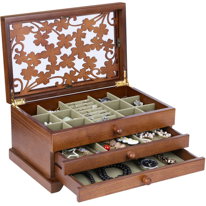 Mason Claye 3 Layer Wooden Jewelry Storage Box Organizer with Four Leaf Pattern