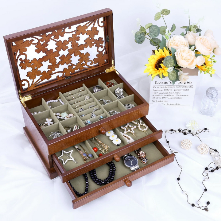 Mason Claye 3 Layer Wooden Jewelry Storage Box Organizer with Four Leaf Pattern