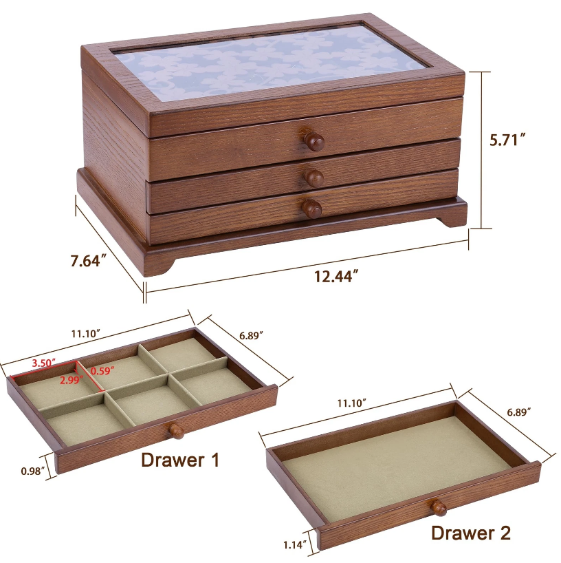 Mason Claye 3 Layer Wooden Jewelry Storage Box Organizer with Four Leaf Pattern