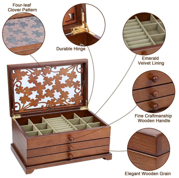 Mason Claye 3 Layer Wooden Jewelry Storage Box Organizer with Four Leaf Pattern