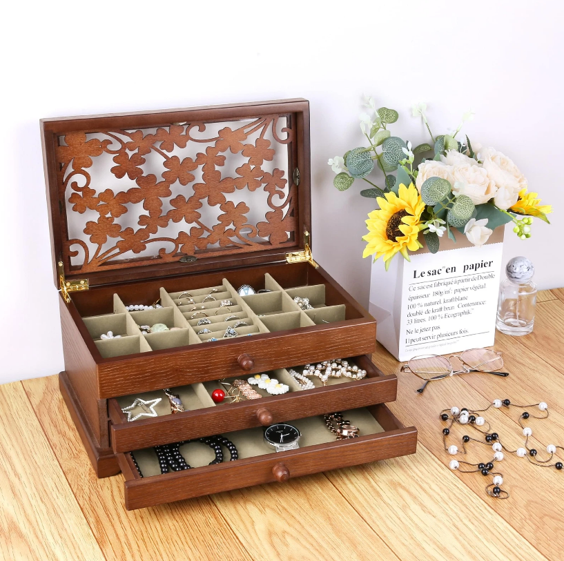 Mason Claye 3 Layer Wooden Jewelry Storage Box Organizer with Four Leaf Pattern