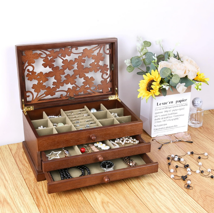 Mason Claye 3 Layer Wooden Jewelry Storage Box Organizer with Four Leaf Pattern