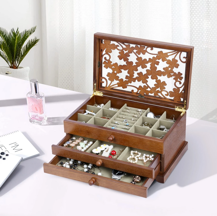 Mason Claye 3 Layer Wooden Jewelry Storage Box Organizer with Four Leaf Pattern