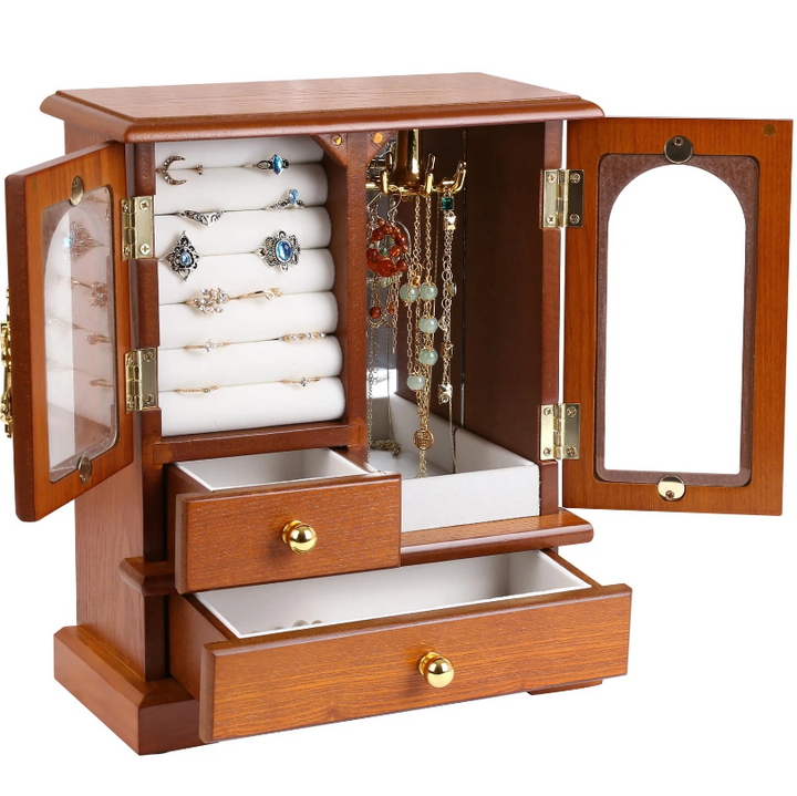 Mason Claye Oak Wooden Jewelry Storage Box Organizer with Side Glass Doors