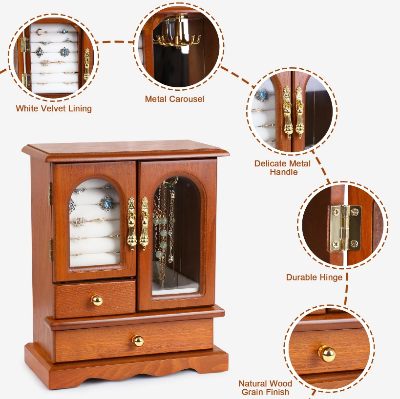 Mason Claye Oak Wooden Jewelry Storage Box Organizer with Side Glass Doors