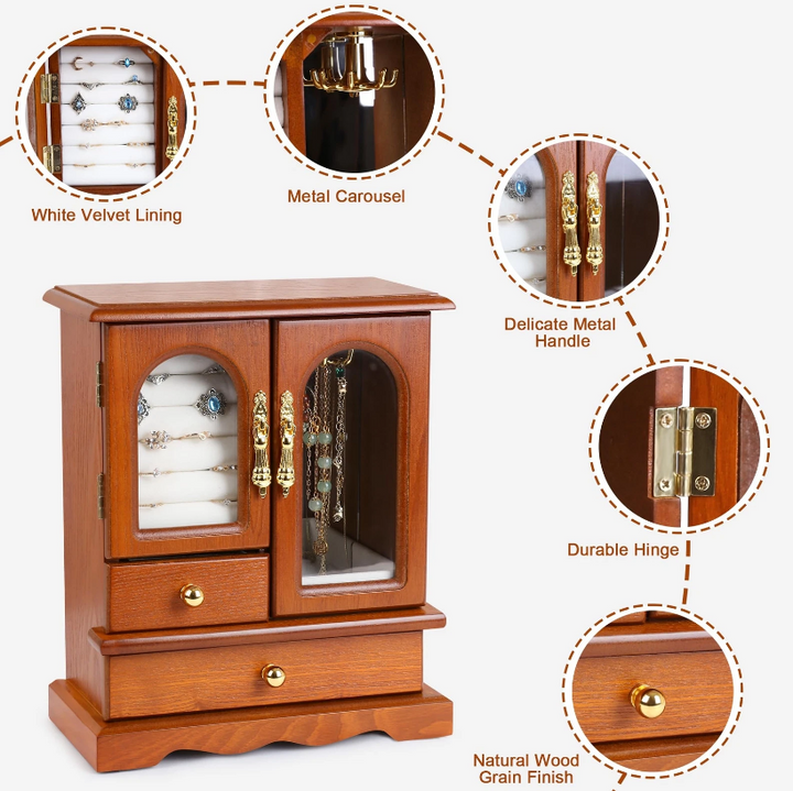 Mason Claye Oak Wooden Jewelry Storage Box Organizer with Side Glass Doors
