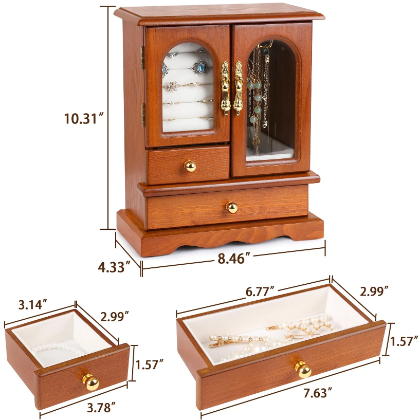 Mason Claye Oak Wooden Jewelry Storage Box Organizer with Side Glass Doors