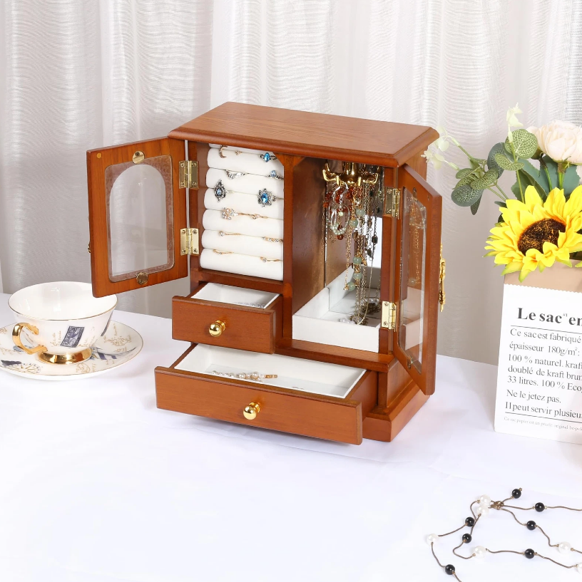 Mason Claye Oak Wooden Jewelry Storage Box Organizer with Side Glass Doors