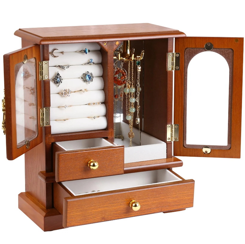 Mason Claye Oak Wooden Jewelry Storage Box Organizer with Side Glass Doors